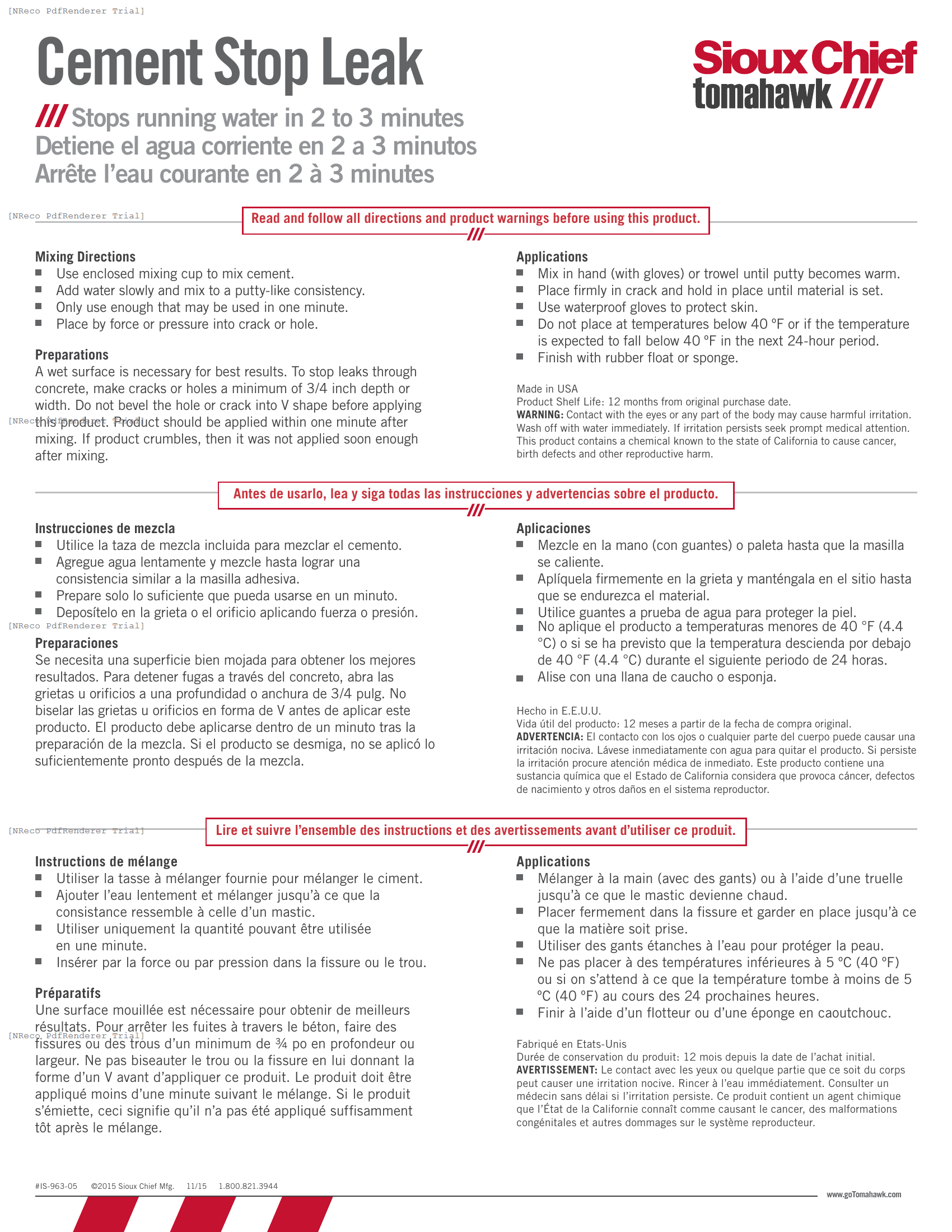 963-05 - CEMENT STOP LEAK - INSTRUCTION SHEET.PDF Technical Document